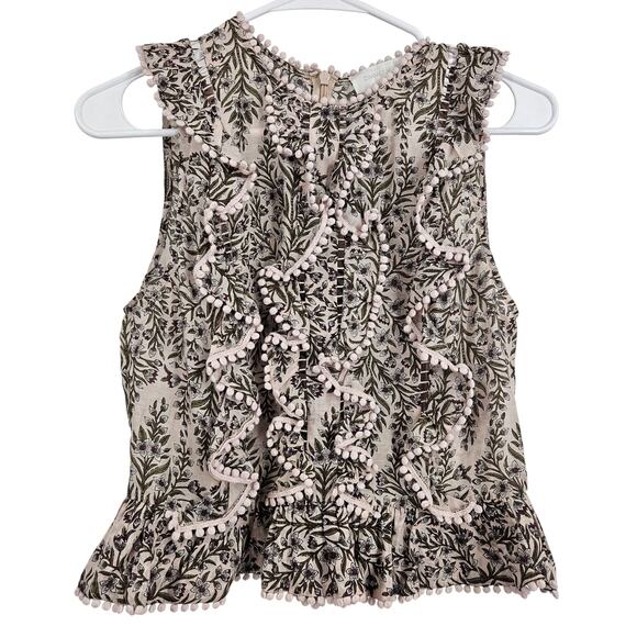 Zimmermann Blouse Top Pink Brown Silk Blend Floral Ruffle Sleeveless Tank Size 0 - Picture 1 of 7